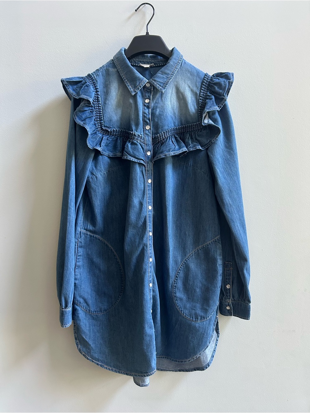 NWT Anthropologie Pilcro Size Large Blue Ruffle Denim Mini Shirt Dress - Picture 5 of 16